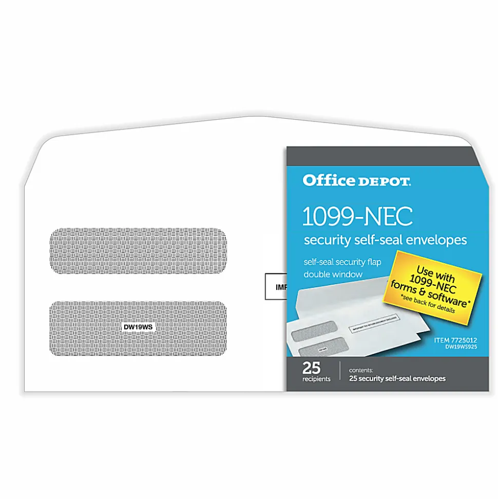Office Depot® Brand Double-Window Self-Seal Envelopes For 1099-NEC 3-Up Tax Forms, 8-3/8"W x 3-7/8"H, Pack Of 25 Envelopes