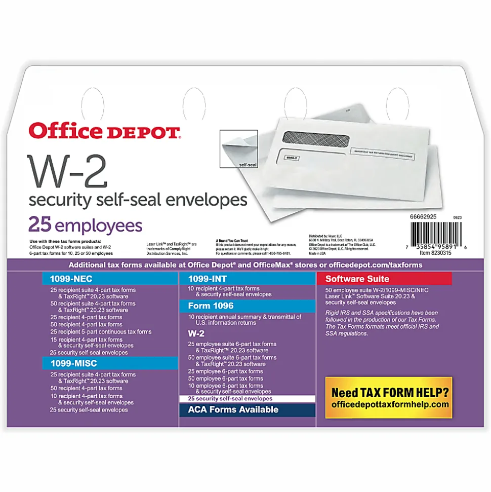 Office Depot® Brand Double-Window Self-Seal Envelopes For W-2 Tax Forms, 9-1/4"W x 5-5/8"H, White, Pack Of 25 Envelopes