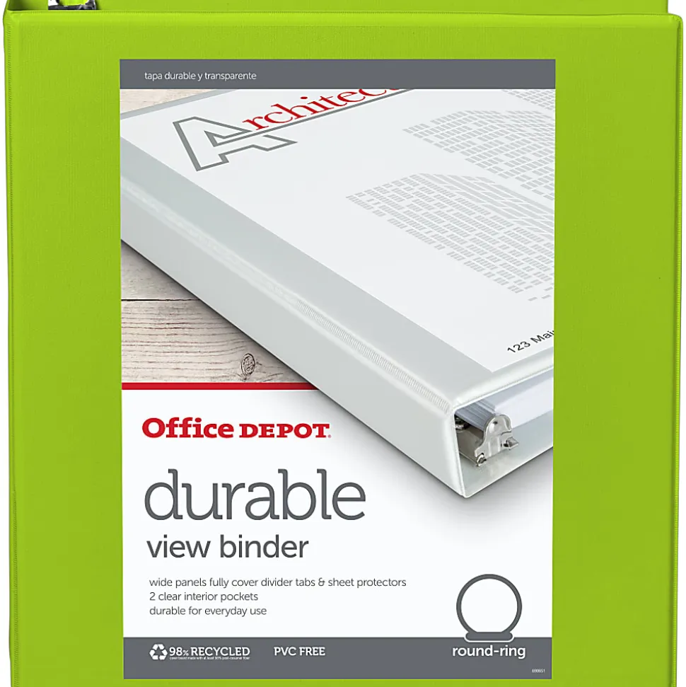 Office Depot® Brand Durable View 3-Ring Binder, 1 1/2" Round Rings, Green