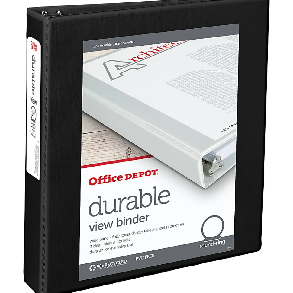 Office Depot® Brand Durable View 3-Ring Binder, 1 1/2" Round Rings, Black