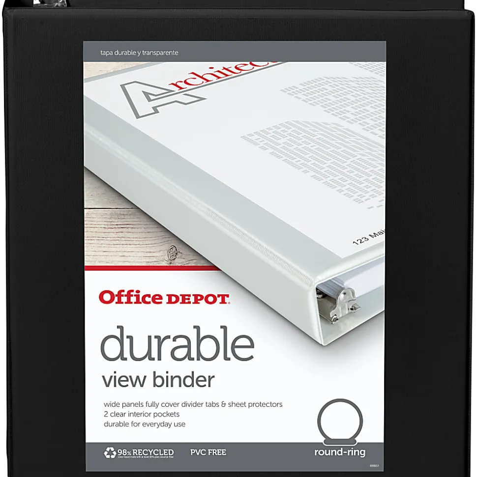 Office Depot® Brand Durable View 3-Ring Binder, 1 1/2" Round Rings, Black