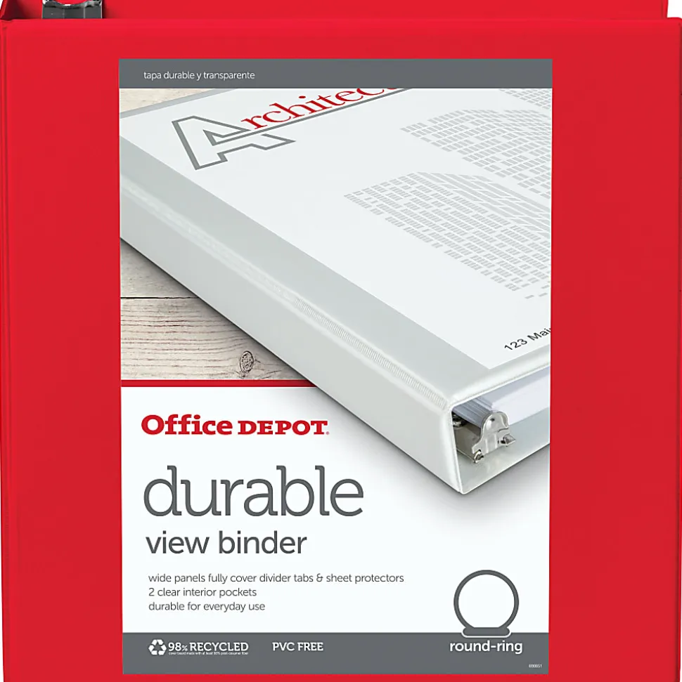 Office Depot® Brand Durable View 3-Ring Binder, 2" Round Rings, Red