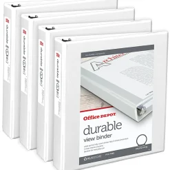 Office Depot® Brand Durable View 3-Ring Binder, 1 1/2" Round Rings, White, Pack Of 4