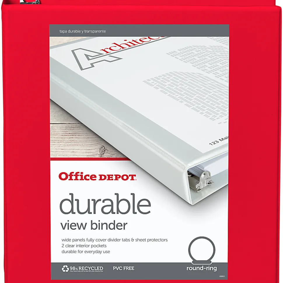 Office Depot® Brand Durable View 3-Ring Binder, 1 1/2" Round Rings, Red