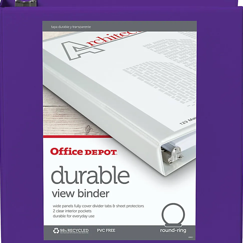 Office Depot® Brand Durable View 3-Ring Binder, 2" Round Rings, Purple