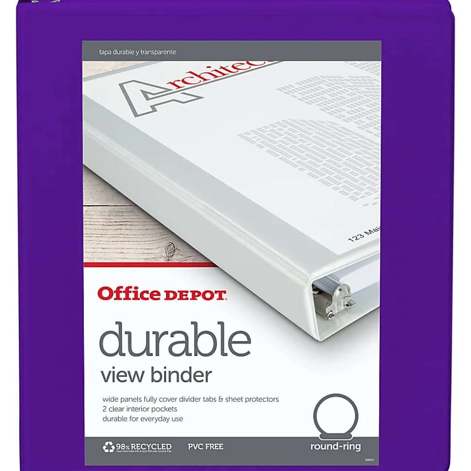 Office Depot® Brand Durable View 3-Ring Binder, 1" Round Rings, Purple