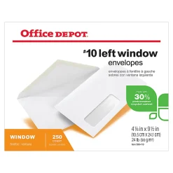 Office Depot® Brand #10 Envelopes, Left Window, 30% Recycled, Gummed Seal, White, Box Of 250