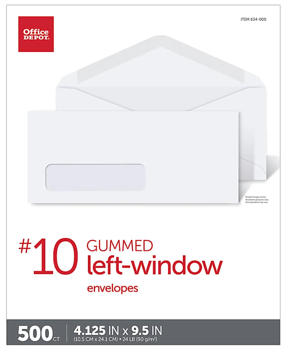 Office Depot® Brand Envelopes, Left Window, 4-1/8" x 9-1/2", Gummed Seal, White, Box Of 500