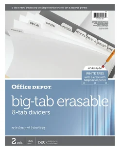Office DepotĀ® Brand Erasable Big Tab Dividers, 8-Tab, White, Pack Of 2 Sets