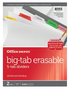 Office DepotĀ® Brand Erasable Big Tab Dividers, 5-Tab, Multicolor, Pack Of 2 Sets