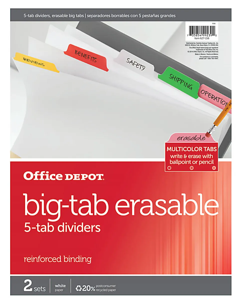 Office Depot® Brand Erasable Big Tab Dividers, 5-Tab, Multicolor, Pack Of 2 Sets