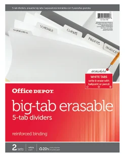 Office Depot® Brand Erasable Big Tab Dividers, 5-Tab, White, Pack Of 2 Sets