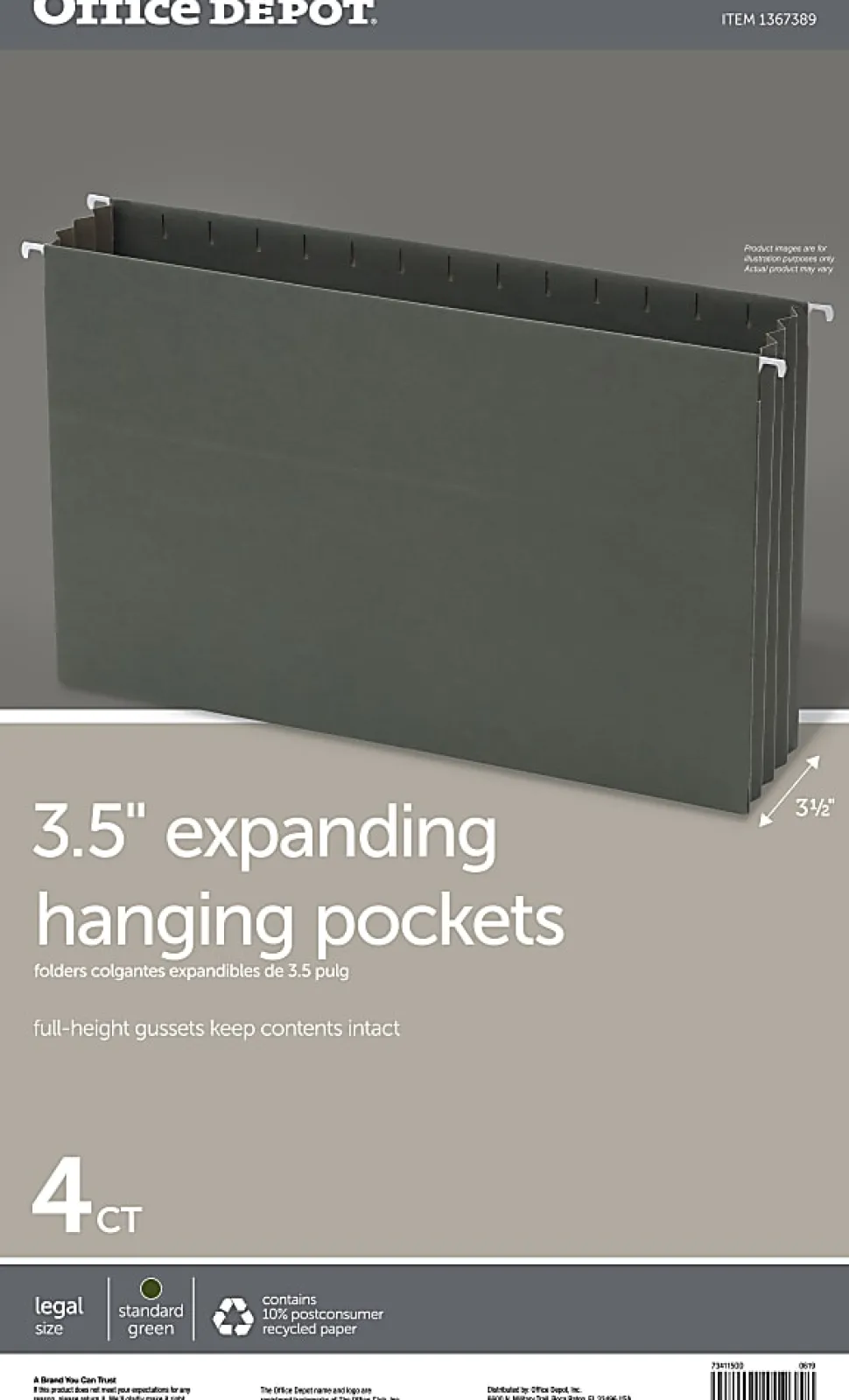 Office Depot® Brand Expanding Hanging File Pocket With Full-Height Gussets, 3 1/2" Expansion, Legal Size, Standard Green