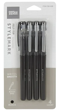 Office Depot® Brand Felt-Tip Pens, Fine Point, 0.5 mm, Black Barrel, Black Ink, Pack Of 4