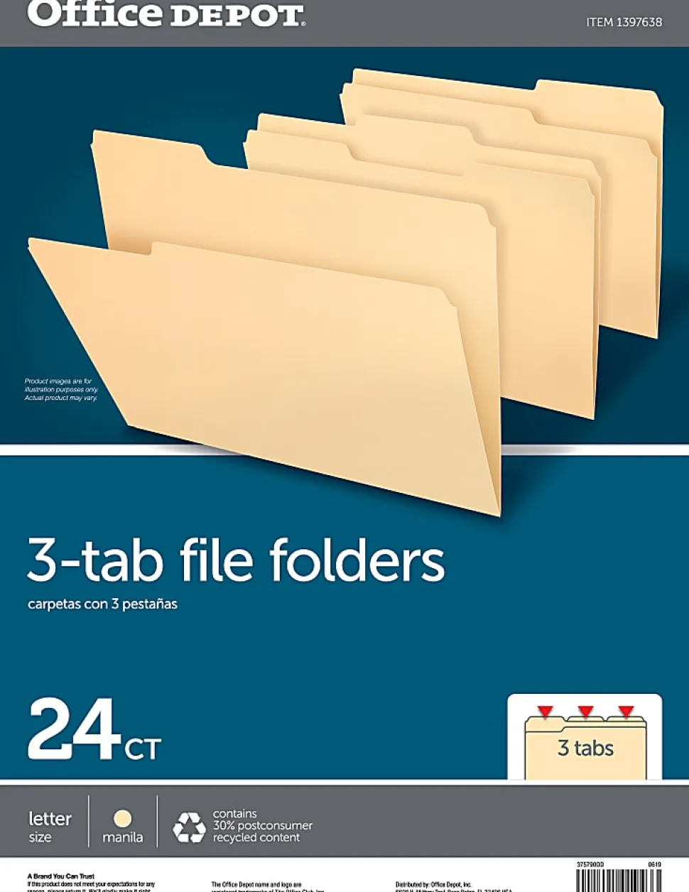 Office Depot® Brand File Folders, 1/3 Tab Cut, Letter Size, Manila, Pack of 24 Folders