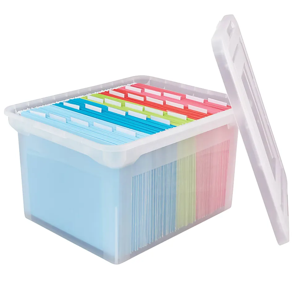 Office Depot® Brand File Tote With Snap Lid And Built In Handles, Letter/Legal Size, 18" x 14 1/4" x 10-7/8", Clear
