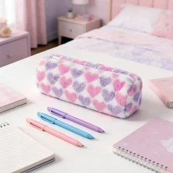 Office Depot® Brand Furry Pencil Pouch, 3-1/2" x 9", Pink/Purple Hearts, Total Quantity 1
