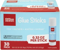 Office Depot® Brand Glue Sticks, 0.32 Oz, Clear, Pack Of 30 Glue Sticks