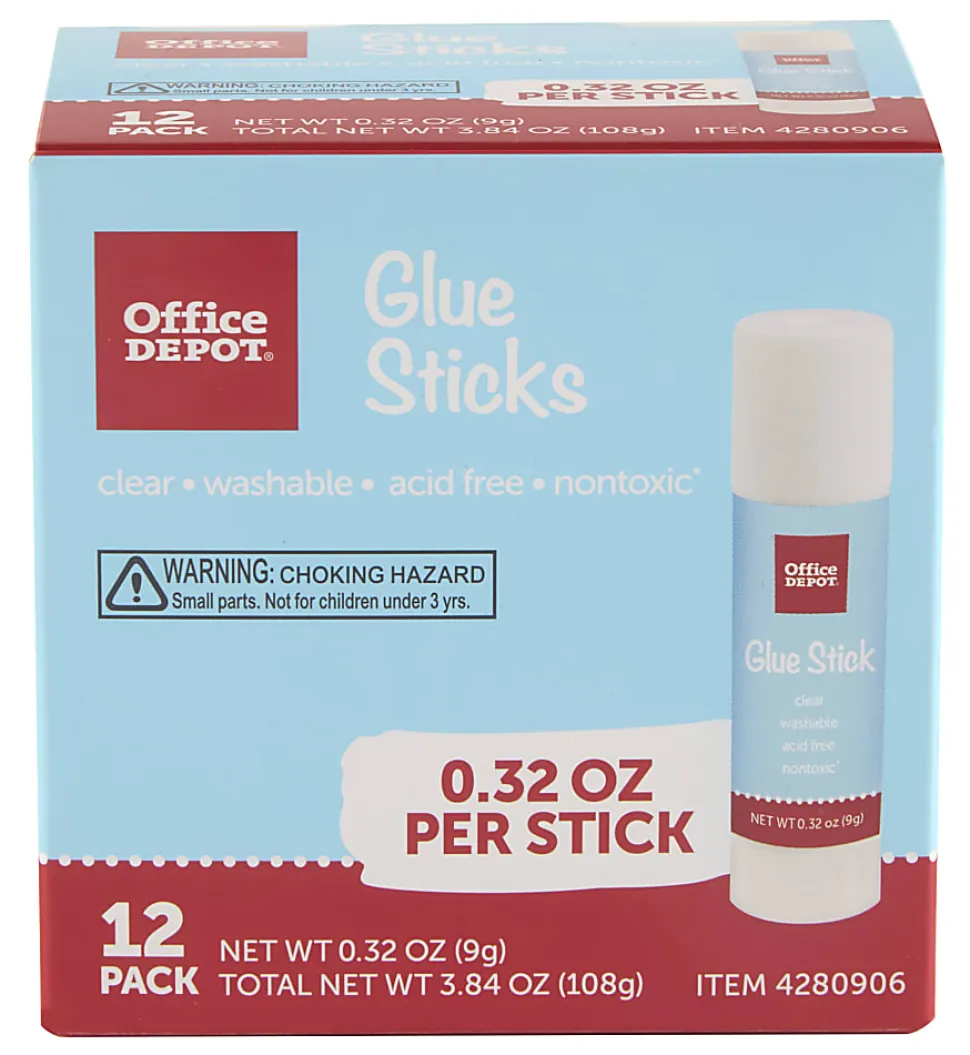 Office Depot® Brand Glue Sticks, 0.32 Oz, Clear, Pack Of 12 Glue Sticks