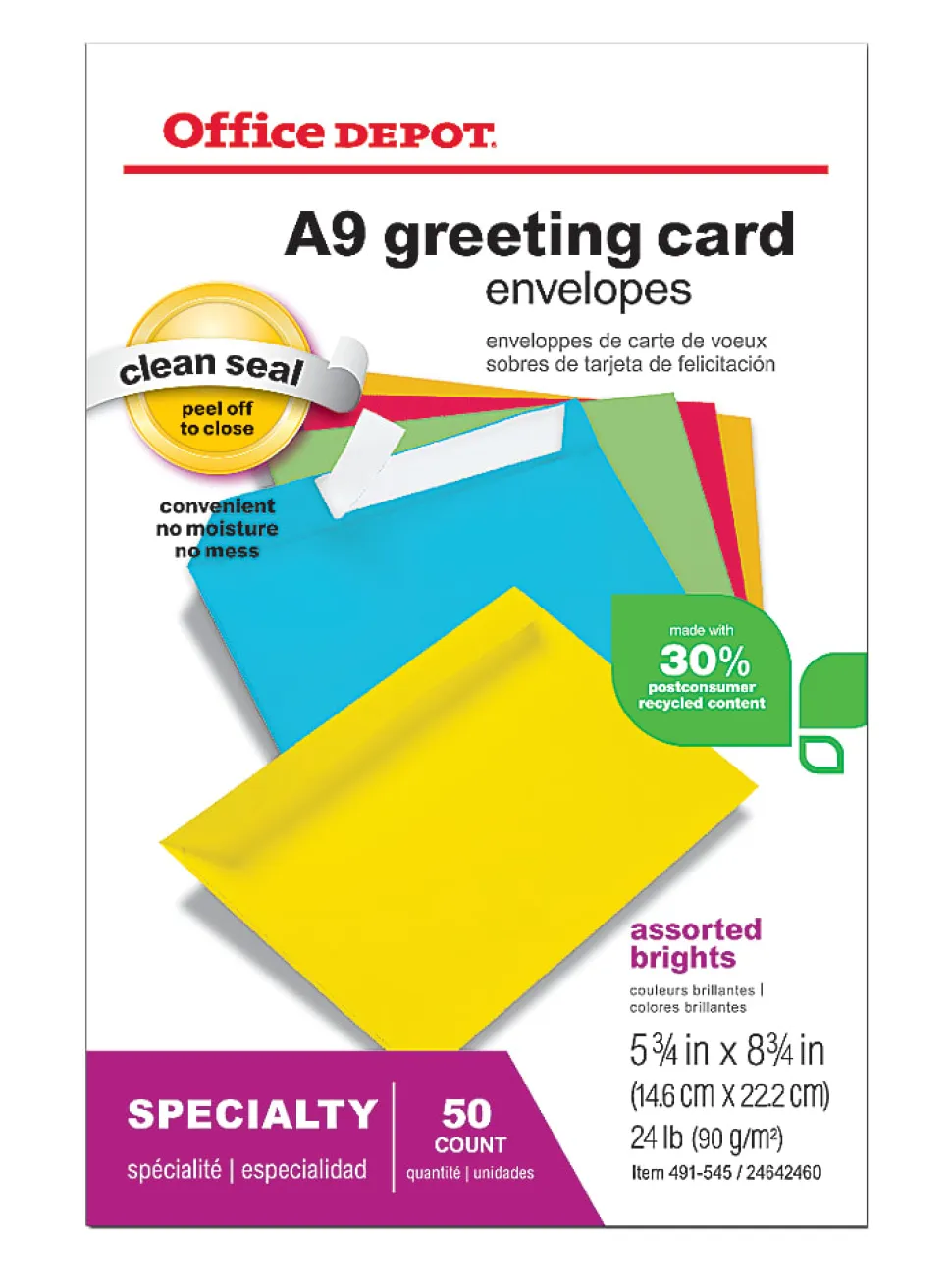 Office Depot® Brand Greeting Card Envelopes, A9, Clean Seal, Assorted Brights, Box Of 50