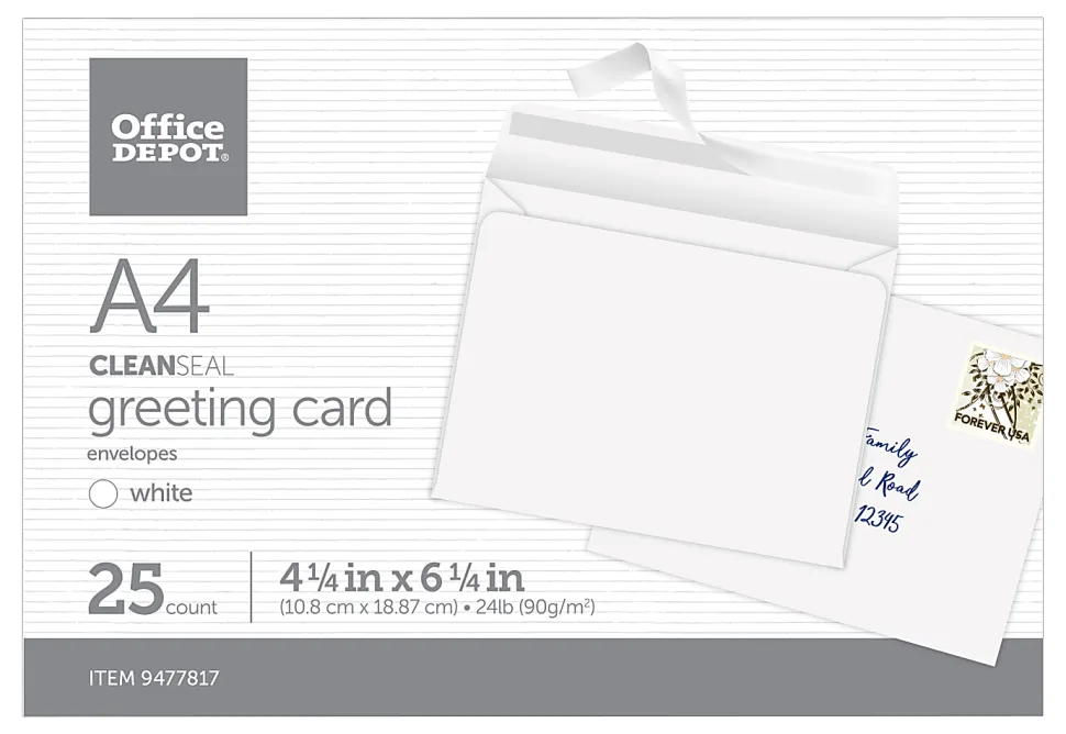 Office Depot® Brand Greeting Card Envelopes, A4, 4-1/4” x 6-1/4”, Clean Seal, White, Box Of 25