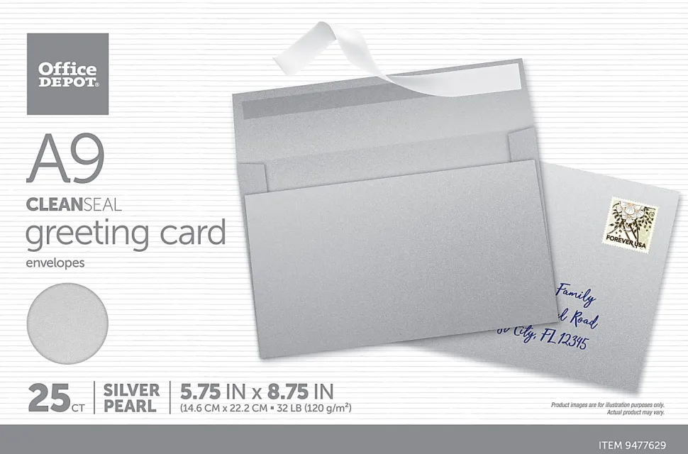 Office Depot® Brand Greeting Card Envelopes, A9, 5-3/4" x 8-3/4", Clean Seal, Silver Pearl, Box Of 25