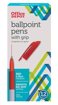 Office Depot® Brand Grip Ballpoint Pens, Medium Point, 1.0 mm, White Barrel, Red Ink, Pack Of 12 Pens