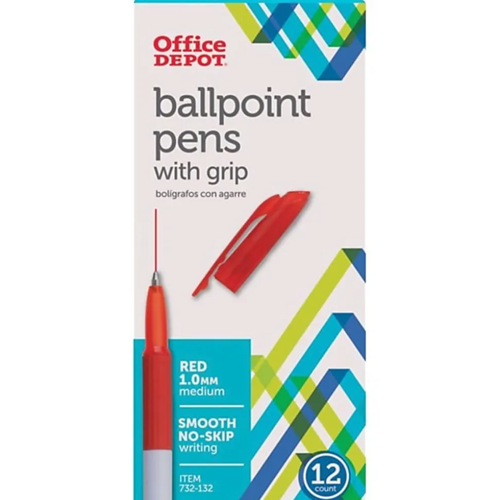 Office Depot® Brand Grip Ballpoint Pens, Medium Point, 1.0 mm, White Barrel, Red Ink, Pack Of 12 Pens