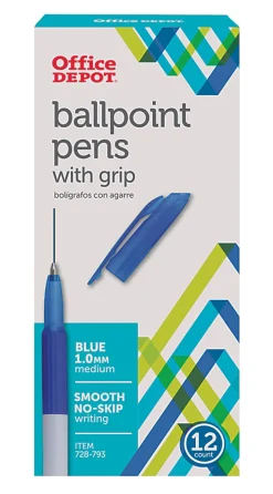 Office Depot® Brand Grip Ballpoint Pens, Medium Point, 1.0 mm, White Barrel, Blue Ink, Pack Of 12 Pens