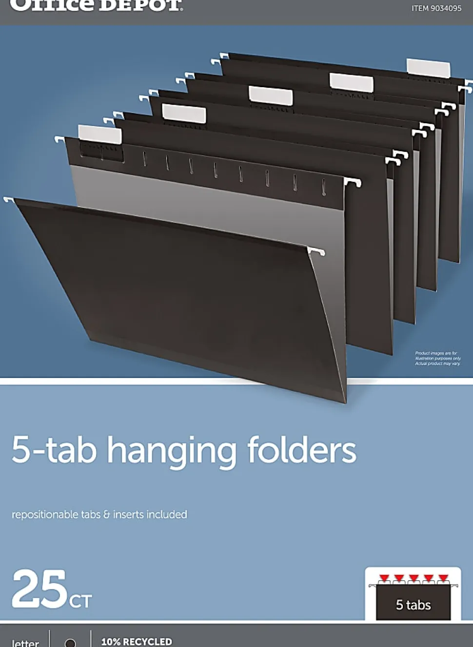Office Depot® Brand Hanging File Folders, 1/5-Cut, Letter Size, Black, Pack Of 25 Folders