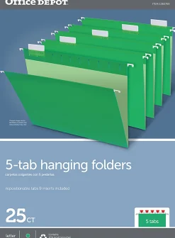 Office Depot® Brand Hanging Folders, Letter Size, 1/5 Tab Cut, Bright Green, Box Of 25
