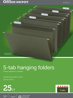 Office Depot® Brand Hanging Folders, 1/5 Cut, Letter Size, 100% Recycled, Green, Pack Of 25