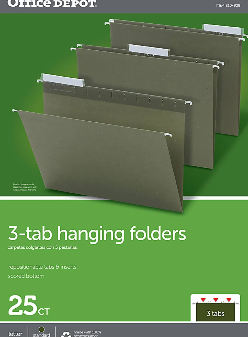 Office Depot® Brand Hanging Folders, 1/3 Cut, Letter Size, 100% Recycled, Green, Pack Of 25