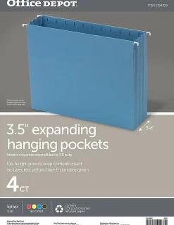 Office Depot® Brand Hanging Pockets With Full-Height Gussets, Letter Size (8-1/2" x 11"), 3 1/2" Expansion, Assorted Colors, Pack Of 4