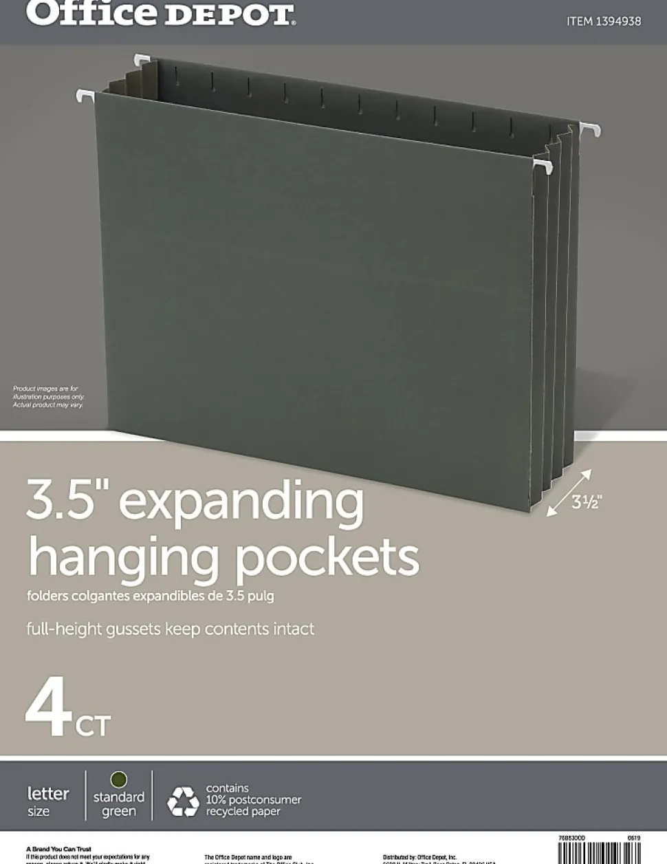 Office Depot® Brand Hanging Pockets With Full-Height Gussets, Letter Size (8-1/2" x 11"), 3 1/2" Expansion, Green, Pack Of 4