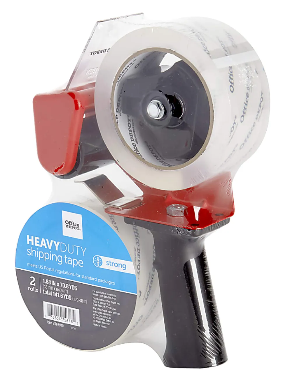 Office Depot® Brand Heavy Duty Shipping Packing Tape With Tape Gun, 1.89" x 70.8 Yd, Crystal Clear, Pack Of 2 Rolls