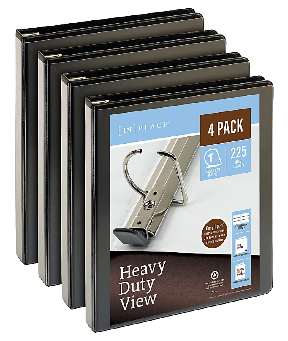 Office Depot® Brand Heavy-Duty View 3-Ring Binder, 1" D-Rings, Black, 49% Recycled, Pack Of 4