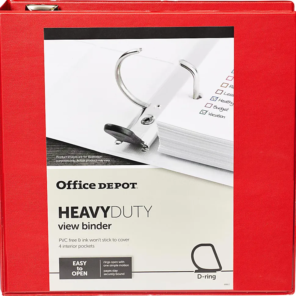 Office Depot® Brand Heavy-Duty View 3-Ring Binder, 3" D-Rings, 49% Recycled, Red
