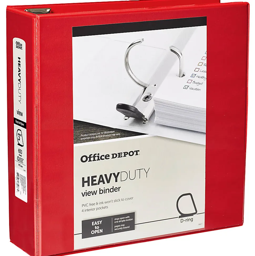 Office Depot® Brand Heavy-Duty View 3-Ring Binder, 3" D-Rings, 49% Recycled, Red