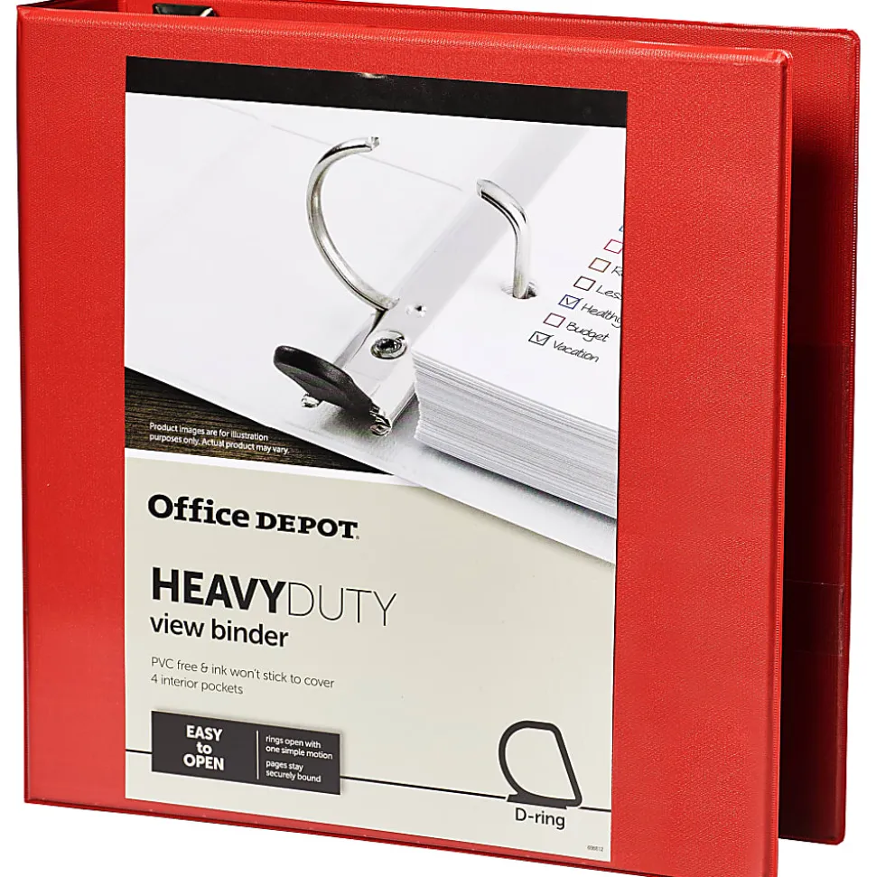Office Depot® Brand Heavy-Duty View 3-Ring Binder, 2" D-Rings, 49% Recycled, Red