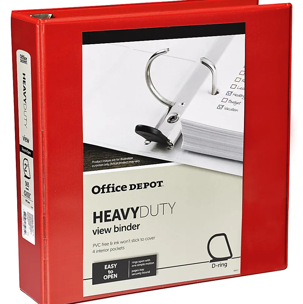 Office Depot® Brand Heavy-Duty View 3-Ring Binder, 2" D-Rings, 49% Recycled, Red