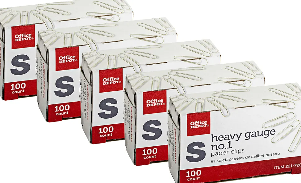 Office Depot® Brand Heavy Gauge Paper Clips, No. 1, Small, Silver, Pack Of 5 Boxes, 100 Clips Per Box, 500 Total