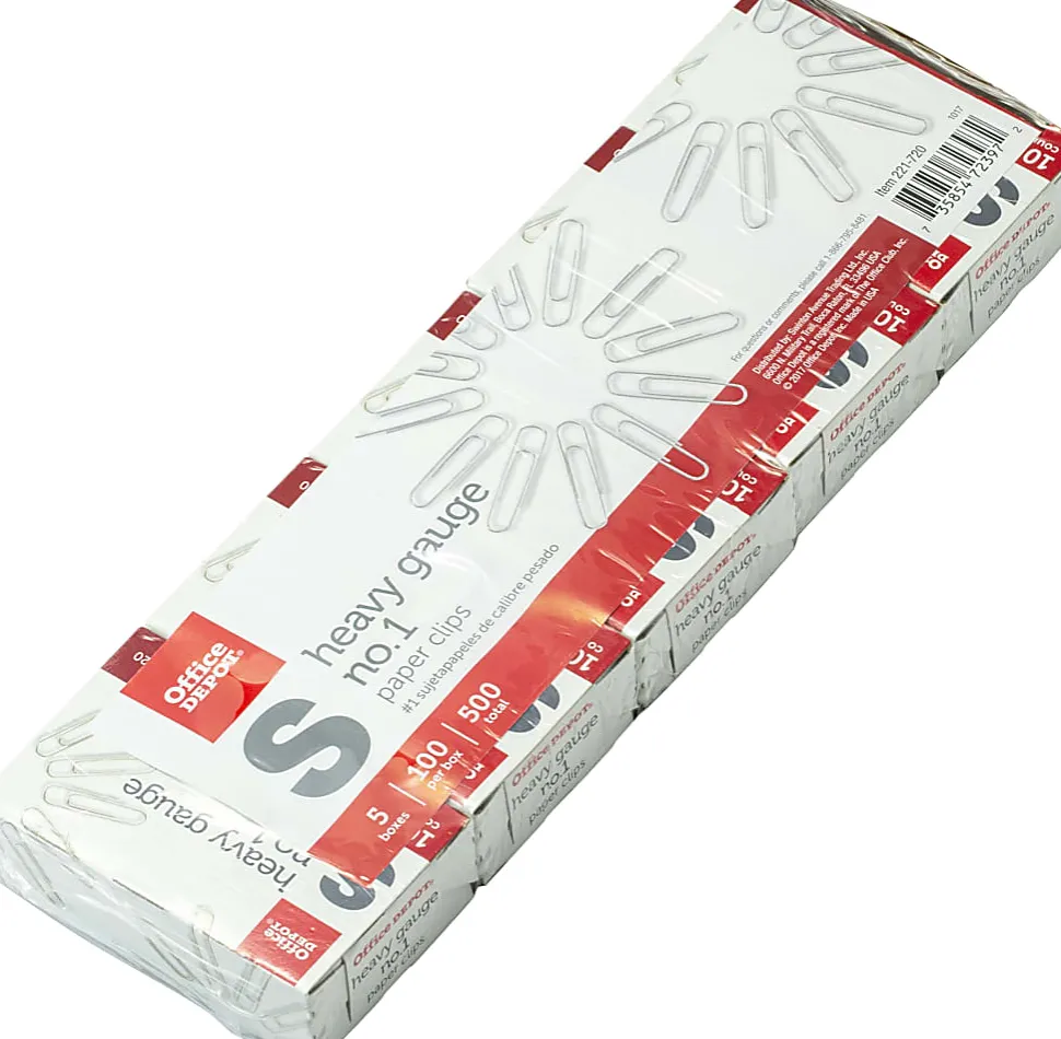 Office Depot® Brand Heavy Gauge Paper Clips, No. 1, Small, Silver, Pack Of 5 Boxes, 100 Clips Per Box, 500 Total