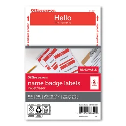 Office Depot® Brand Hello Name Badge Labels, 2 11/32" x 3 3/8", Red Border, Pack Of 100