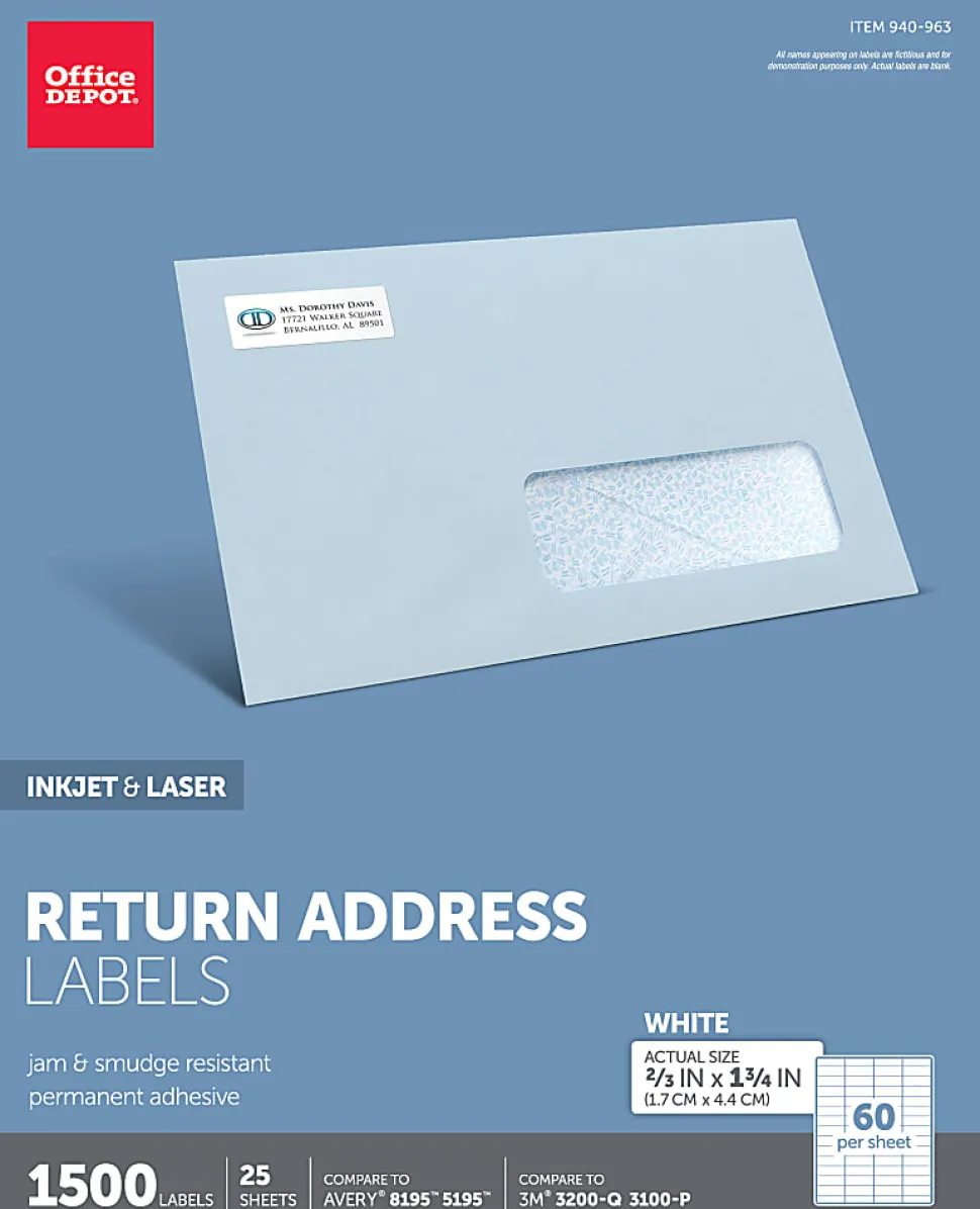 Office Depot® Brand Inkjet/Laser Return Address Labels, Rectangle, 2/3" x 1 3/4", White, Pack Of 1,500