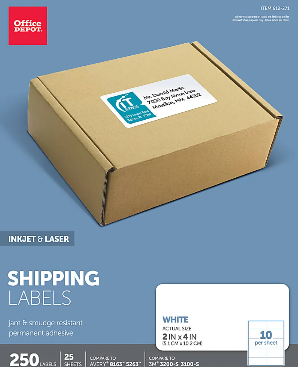 Office Depot® Brand Inkjet/Laser Shipping Labels, Rectangle, 2" x 4", White, Pack Of 250