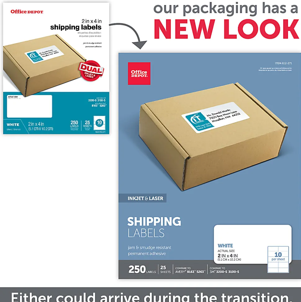 Office Depot® Brand Inkjet/Laser Shipping Labels, Rectangle, 2" x 4", White, Pack Of 250
