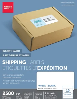 Office Depot® Brand Inkjet/Laser Shipping Labels, Rectangle, 2" x 4", White, Pack Of 2500