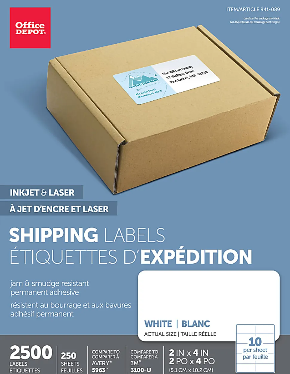 Office Depot® Brand Inkjet/Laser Shipping Labels, Rectangle, 2" x 4", White, Pack Of 2500