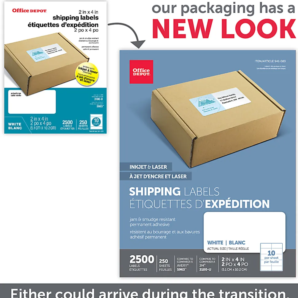 Office Depot® Brand Inkjet/Laser Shipping Labels, Rectangle, 2" x 4", White, Pack Of 2500
